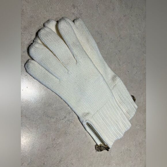 Michael Kors White Knit Gloves with Gold Zipper & Logo‎ Charm - New Without Tag - Picture 1 of 4